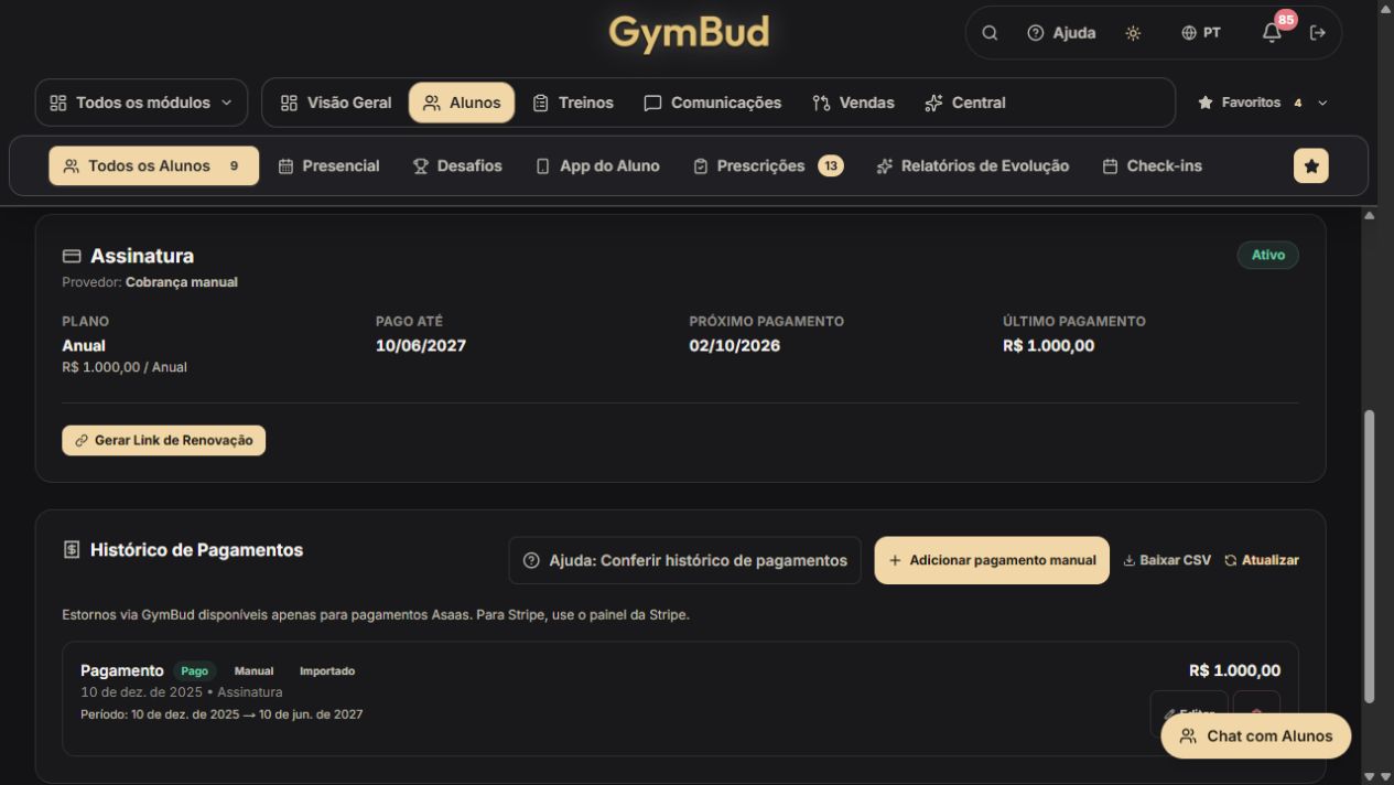 Tela real de demonstração dos pagamentos na GymBud